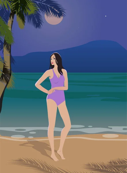 Noční Pláž Měsíčního Svitu Dívka Plavkách Břehu Palmy — Stockový vektor