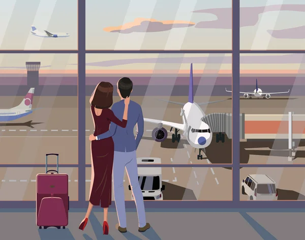 Havaalanındaki Aile Pencereden Bakıp Uçaklara Bavulların Yanına Bakıyor — Stok Vektör