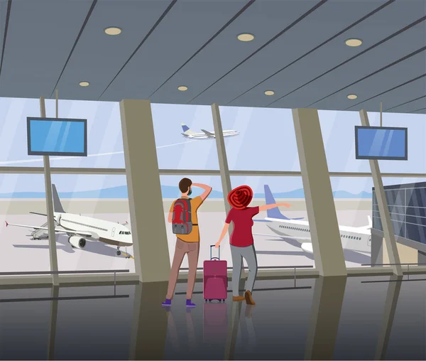 Семья Аэропорту Большого Окна Рюкзаком Смотрит Самолеты — стоковый вектор