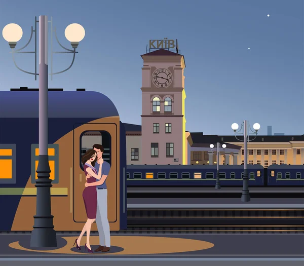 Adam Kıza Sarılıyor Tren Istasyonunda Duruyorlar Arka Planda Istasyon Saat — Stok Vektör
