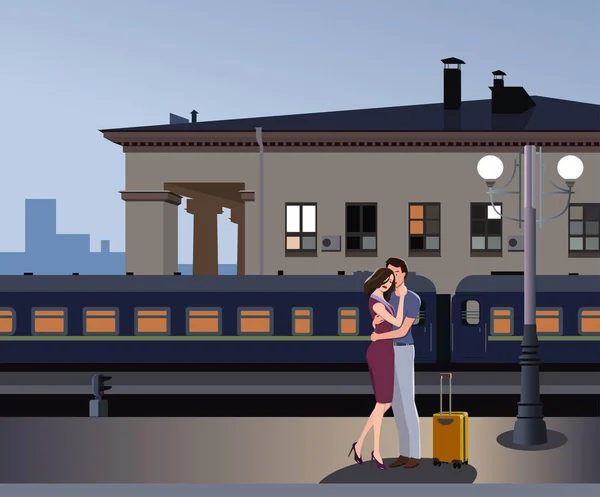 Guy Hugs Girl Lamp Platform Train Passes Station — Stock Vector
