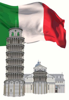 İtalya bayrağının arka planında Pisa Katedrali ve Eğik Pisa Kulesi.