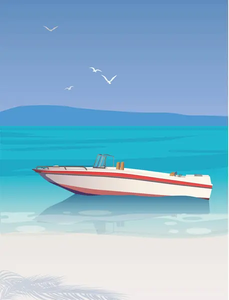 Ein Boot Mit Motor Steht Ufer Meer Vor Dem Hintergrund Stockvektor