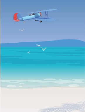 Bir retro mavi uçak adanın üzerinde uçuyor, dağlarda martılar ve Cote d 'Azur..