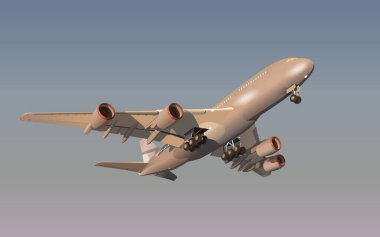 Büyük bir dört türbinli yolcu uçağı akşam gökyüzünün arka planına doğru havalanıyor..