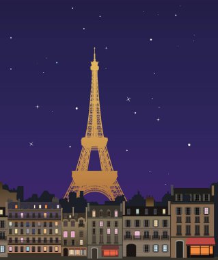 Geceleri Paris, Eyfel Kulesi yıldızlı gökyüzünün arka planına karşı şehrin manzarası, pencerelerde ışıklar açık.