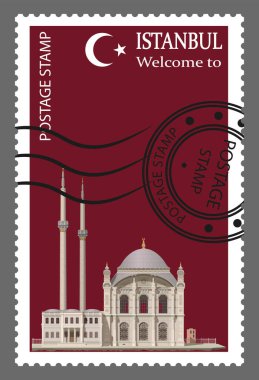 İstanbul 'da kırmızı zemin üzerinde cami olan posta damgası, Türk mimarisi.