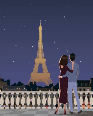 Bir kız ve bir erkek, Paris manzaralı ve Eyfel Kulesi manzaralı bir balkonda birbirlerine sarılıyorlar..