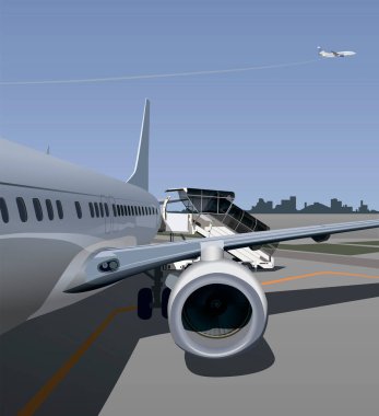 Havaalanı ve yolcu uçağı, motorlu kanat görüntüsü.