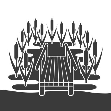 Beyaz arkaplanda izole edilmiş bir göl kabartması üzerinde balıkçı köprüsü. Vektör illüstrasyonu.