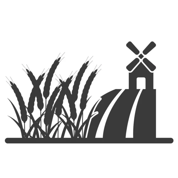 Пшеничне Поле Піктограмою Млина Гліфа Ізольовано Білому Тлі Векторні Ілюстрації — стоковий вектор