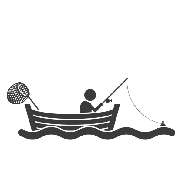 Man Fishing Boat Glyph Icon Isolated White Background Vector Illustration — Stock Vector