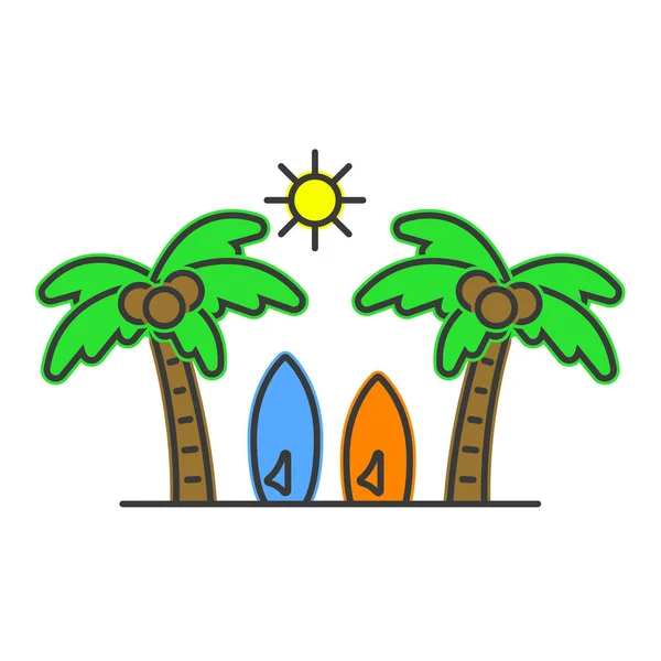 Доски Серфинга Пляж Иконой Пальмы Изолированной Белом Фоне — стоковый вектор