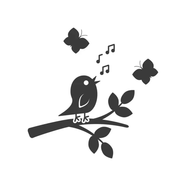 Zpívající Pták Stromě Ikonou Motýlů Glyf Izolované Bílém Pozadí Vektorové — Stockový vektor