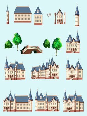 vector illustration depicting a set of houses, palaces, towers, bridges and other elements of parks in a fabulous colonial style to create and design other illustrations in vintage style