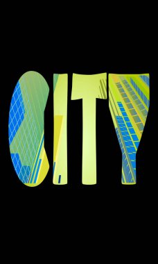 vector illustration with a stylized image of the word city in the background of high-rise buildings for prints on banners, postcards, walls and for creating other illustrations and interior design