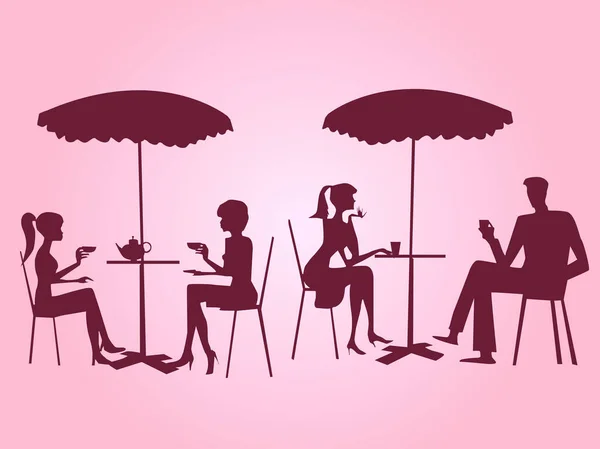 Vector Illustration Depicting Silhouettes People Sitting Summer Coffee Tables Umbrellas — Wektor stockowy