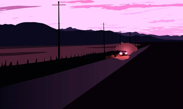 Vector Illustration Depicting Country Evening Road Lonely Car Prints Interior — Stockvektor