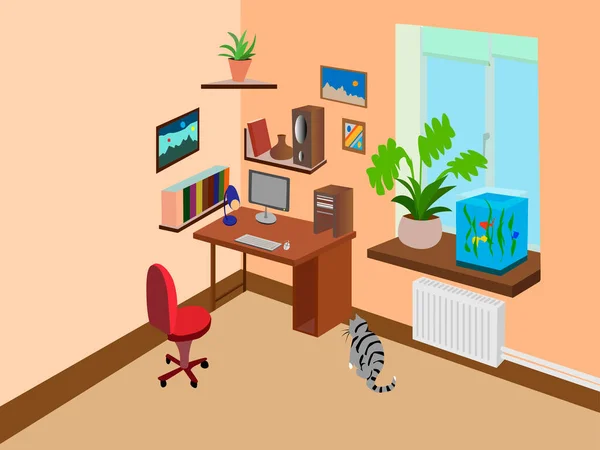 Ilustração Vetorial Cores Retratando Interior Uma Sala Com Desktop Computador — Vetor de Stock