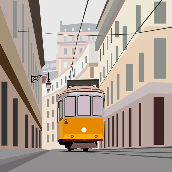 Illustrazione Vettoriale Raffigurante Vecchio Tram Giallo Una Strada Cittadina Progettazione — Vettoriale Stock