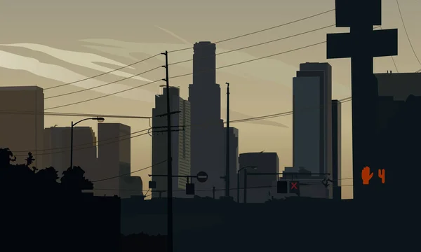 都市スタイルのインテリアデザイン スタジオやシーンのための夜明け前の都市の景色を描いたベクトルカラーイラスト — ストックベクタ