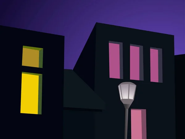 室内设计 俱乐部 演播室和舞台在黄昏时的房子和路灯的矢量画图 — 图库矢量图片