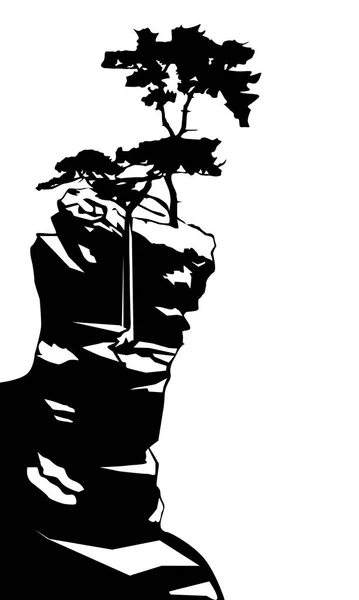 黑色和白色矢量插图 描绘生长在岩石上的树木 用于明信片 室内设计和其他插图的印刷 — 图库矢量图片