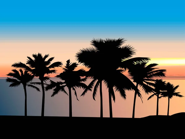Kolorowy Wektor Ilustracja Przedstawiająca Sylwetkę Plaży Palmami Tle Wieczornego Nieba — Wektor stockowy