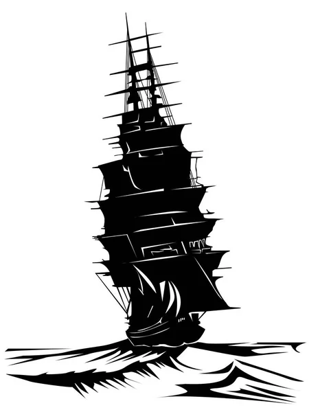 Siyah ve beyaz vektör illüstrasyonunda eski bir yelkenli geminin pankartlarda ve diğer illüstrasyonlarda klasik tarzda iz aramasını tasvir ediyoruz.