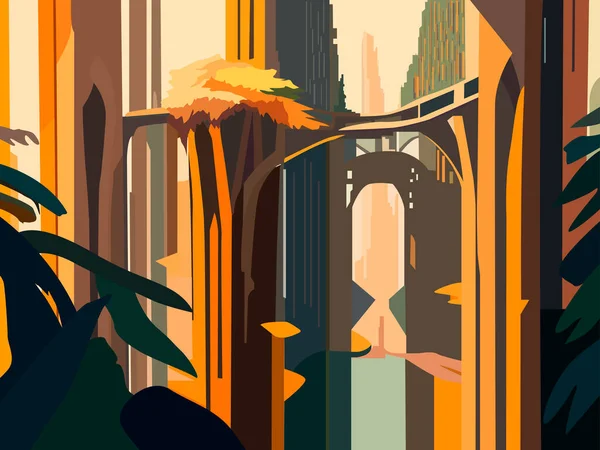 Illustrazione Vettoriale Colori Raffigurante Panorama Della Città Stile Fantasy Stampe — Vettoriale Stock