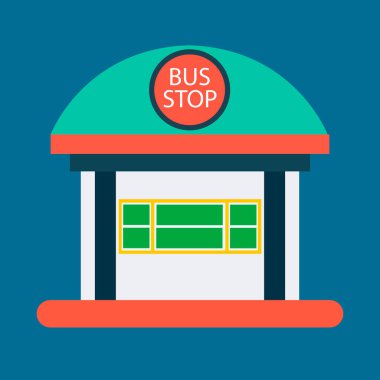 posta kartları, pankartlar, şehir haritaları ve diğer illüstrasyonlar üzerine yazdırmak için otobüs durağı binasının basitleştirilmiş bir resmine sahip renk vektör ilülasyonu