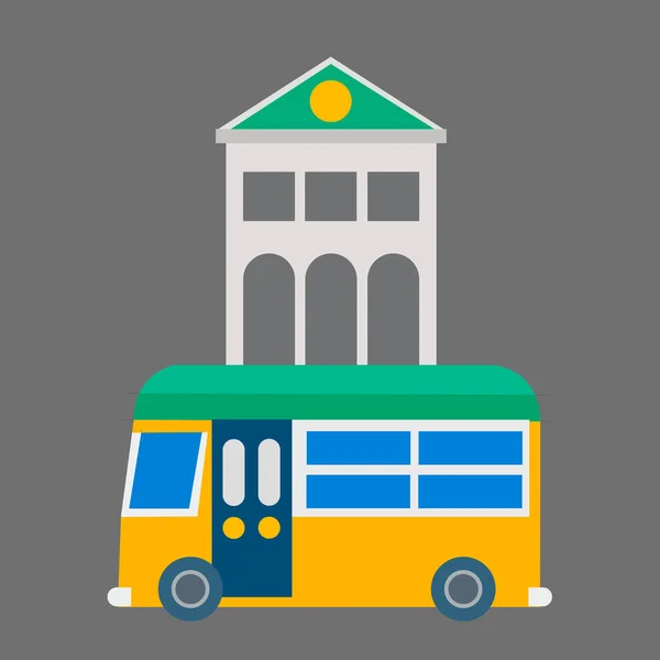 Farbvektorillustration Mit Einem Vereinfachten Bild Des Busses Und Des Gebäudes — Stockvektor