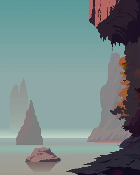 野生生物のファンタジースタイルのシーンを飾るための海岸の景色を描いた色ベクターイラスト — ストックベクタ