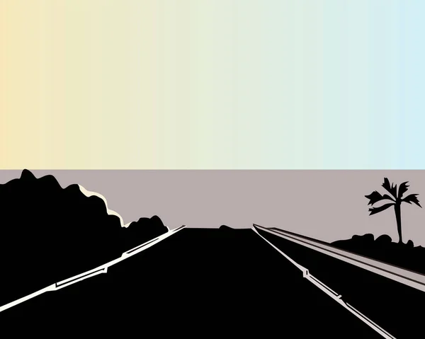 彩色矢量画图 描绘一条通向大海的道路 用于设计旅行和户外活动风格的场景 — 图库矢量图片