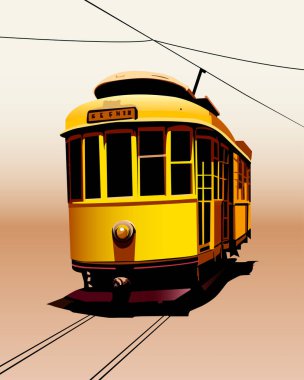 Eski sarı tramvayı tasvir eden renk vektör çizimi diğer illüstrasyonları ve sahneleri klasik şehir tarzında dekore ediyor.