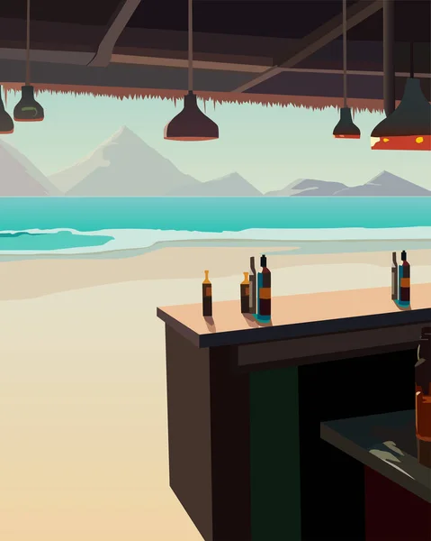 Illustrazione Vettoriale Colori Raffigurante Vista Dal Bar Sulla Spiaggia Mare — Vettoriale Stock