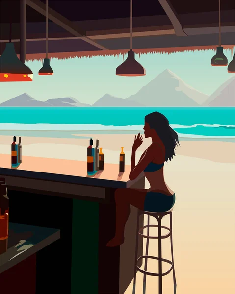 Ilustracja Wektor Przedstawiający Bar Plaży Dziewczyna Brzegu Morza Dekoracji Scen — Wektor stockowy