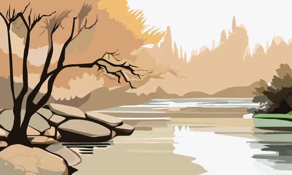Farbvektorillustration Beige Gelben Herbsttönen Die Eine Landschaft Form Eines Flusses — Stockvektor
