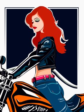 Motosiklet üzerindeki güzel kızıl saçlı bir kızın vektör çizimi. Motosiklet stili logo, iğne ve amblem tasarımı için. Seksi motorcu kız. Vektör illüstrasyonu vinil kesim için hazır.