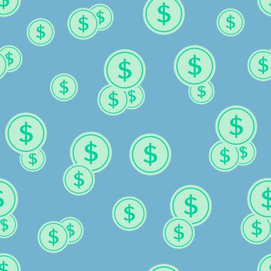 Mavi arka planda dolar işareti olan kusursuz desen. İç dekorasyon için vektör illüstrasyonu ve ekonomi ve iş tarzında sahneler