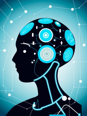 renk vektör çizimi insan kafasının siluetini gösteriyor. Elektronik bir devre ile yapay zekayı sembolize ediyor. Mavi arka planda insan kafası olan yapay zeka konsepti..