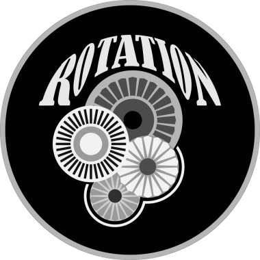 Siyah ve beyaz gölgelerdeki vektör gösterimi, endüstriyel tarzda baskı, çıkartma, amblem ve posterlerin tasarımı için mekanik ve rotasyonun sembolik bir görüntüsüdür.