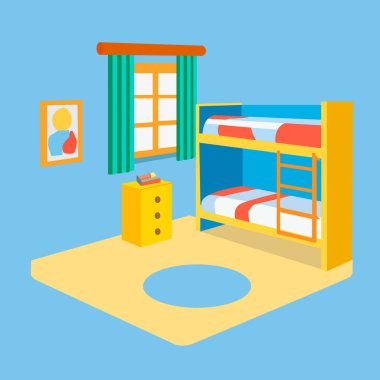 Çocuk odasında ranzada. Düz tasarım vektör çizimi. Çocuk tarzında dekorasyon ve diğer çizimler için.