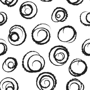 Elle çizilmiş daireleri olan kusursuz bir desen. Siyah ve beyaz vektör çizimi. Dekorasyon ve kumaşlar, duvar kağıdı ambalajı, duvarlar ve iç dekorasyon için