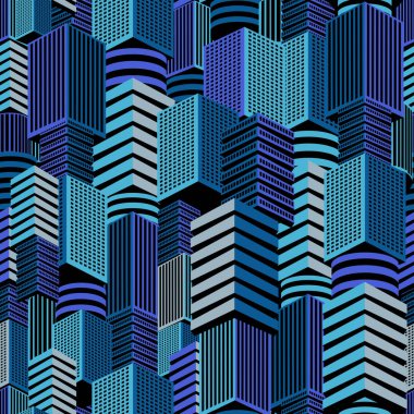 3D görüntüleme, şehrin arka planında mavi gökdelenli kusursuz desen. Vektör çizimi. İllüstrasyonlarınızı, geçmişinizi tasarlamak ve kentsel tarzda sahneler yaratmak için.