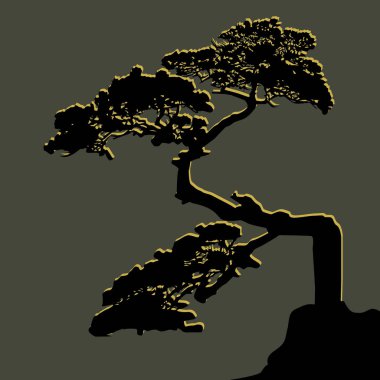 Siyah ve sarı renkli bir bonsai ağacının silueti, baskıların, kartların, iç mekanların ve doğa tarzı görünümlerin tasarımı için vektör illüstrasyonu