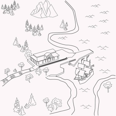 Elle çizilmiş vektör çizimi, nehir ve iskelesi olan bir dağın çizimi..