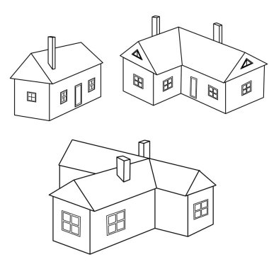 Çizimler, planlar, haritalar, çizimler, düz çizgi film tarzında çizimler yapmak için üç evin siyah ve beyaz vektör çizimleri