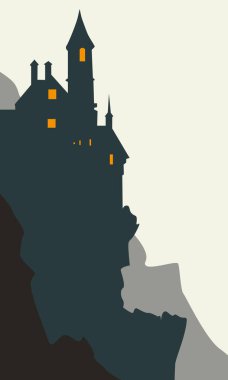 Bir kayanın üzerindeki şatonun silueti. Vektör çizimi. Çizimler, kartpostallar, iç mekan ve sahnelerin eski stilde dizaynı için