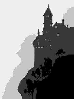 Bir kayanın üzerindeki şatonun silueti. Vektör çizimi. Siyah ve beyaz gölgeler, çizimlerinizin ve sahnelerinizin dizaynı için eski bir tarz.